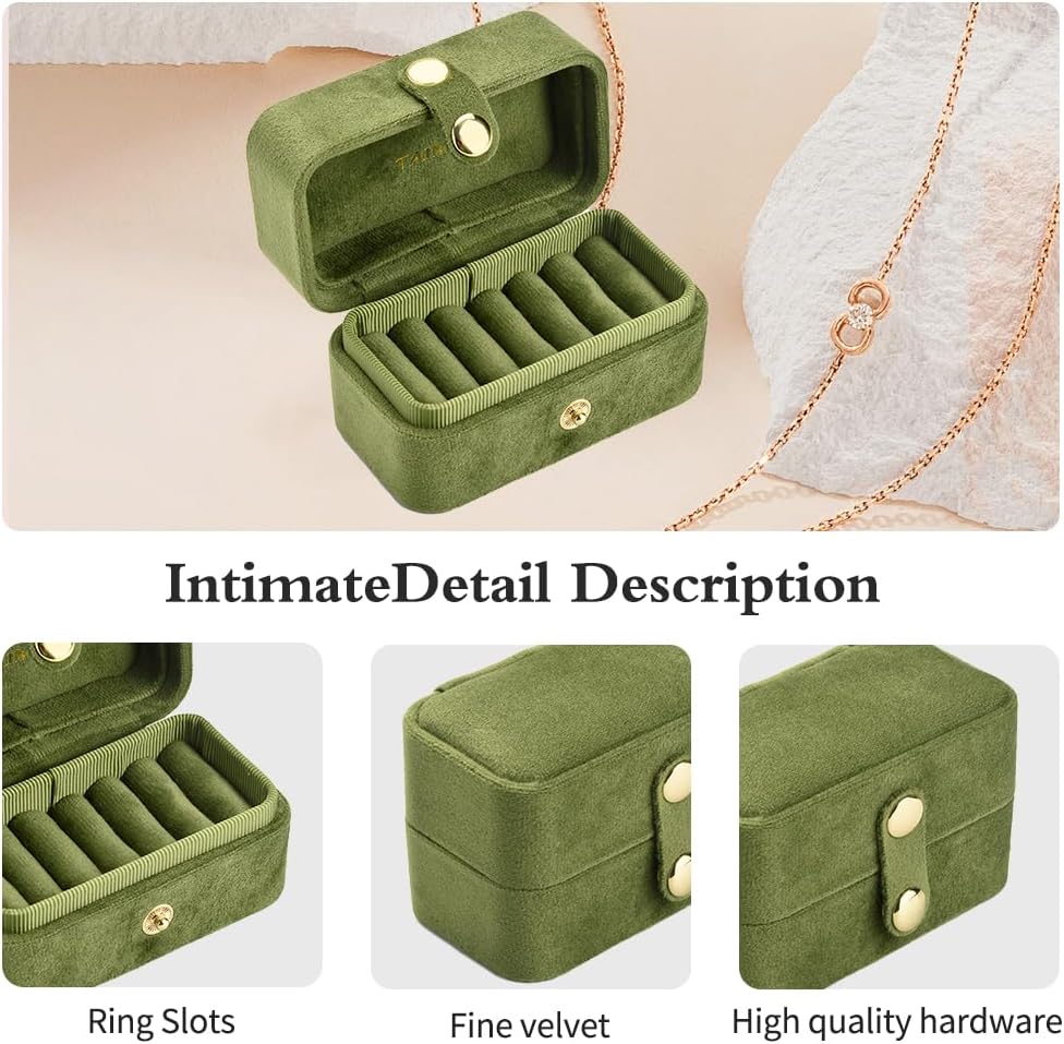 Travel Jewelry Case, Portable Pocket Size Small Plush Velvet Ring Box for Women, Mini Ring Holder and Organizer with 7 slots for purse(Avocado Green)