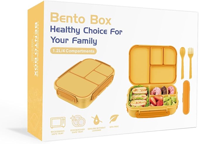 Lunch Box Kids,Bento Box Adult,Leakproof Lunch Containers for Adults/Kids/Toddler,1200ML-4 Compartments bento Lunch box with Utensil,Microwave & Dishwasher & Freezer Safe (Yellow)