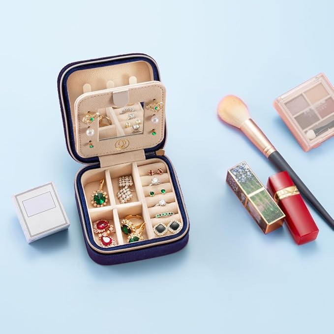 Plush Velvet Travel Jewelry Case,Mini Jewelry Box,Small Jewelry Organizer Portable Display Jewelry Storage Case, for Girls Women (NavyBlue-With Mirror)
