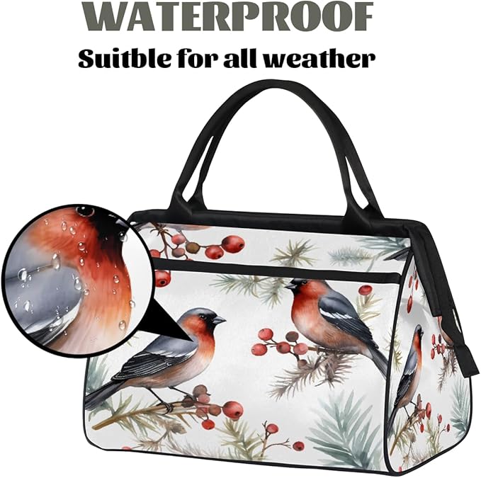Travel Duffel Bag, Watercolor Winter Bullfinches Holly Leaf Waterproof Sports Gym Duffle Bag, Large Capacity Weekender Carry On Overnight Bags for Women Men
