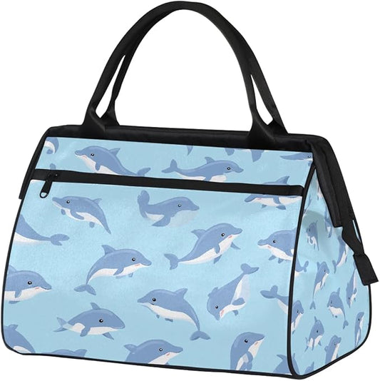 Overnight Weekender Bags for Women Men, Cute Cartoon Blue Dolphin Waterproof Travel Carry On Duffel Bag, Lightweight Sports Gym Bag for Fitness, Workout, Travel