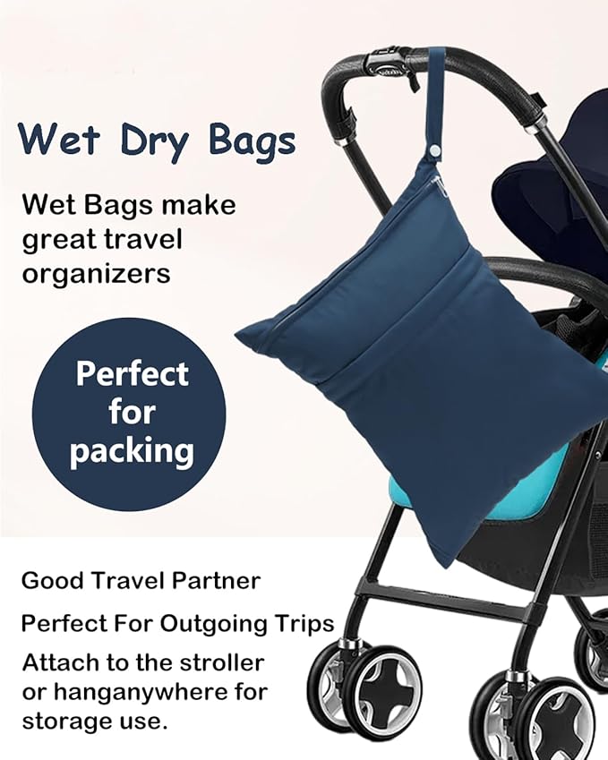 Wet Dry Bags 3 Pack Two Zipper Pockets Travel Beach Pool Reusable Waterproof Yoga Gym Bag for Baby Cloth Diaper Swimsuits Wet Clothes Grey Blue 3L03