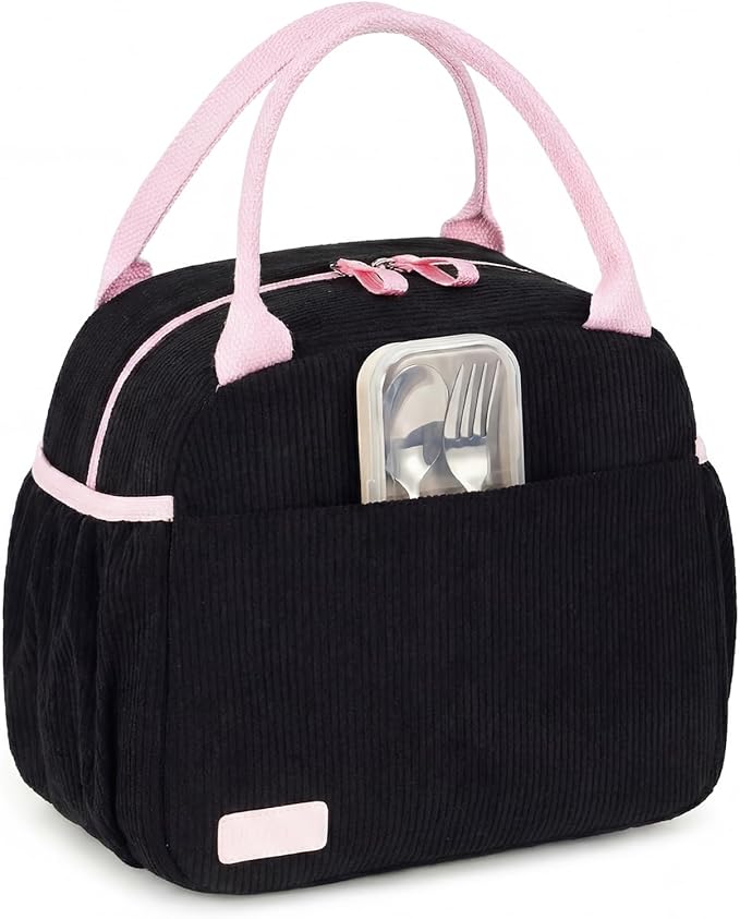 LEDAOU Lunch Box for Women Insulated Lunch Bag Cute Lunchbox Compact Cooler Thermal Reusable Lunch Tote for Work School Picnic Travel (Black-Pink)
