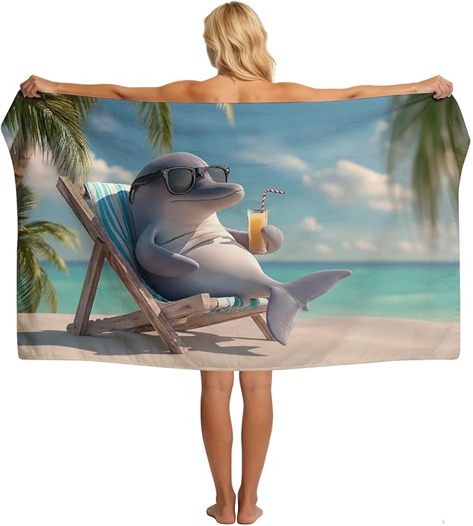 SARA NELL Dolphin Beach Towel, Cute Dolphin with Sunglasses and Drink Print, Summer Pool Beach Towel for Ocean Vacation, Quick Dry Lightweight, 32"x52"