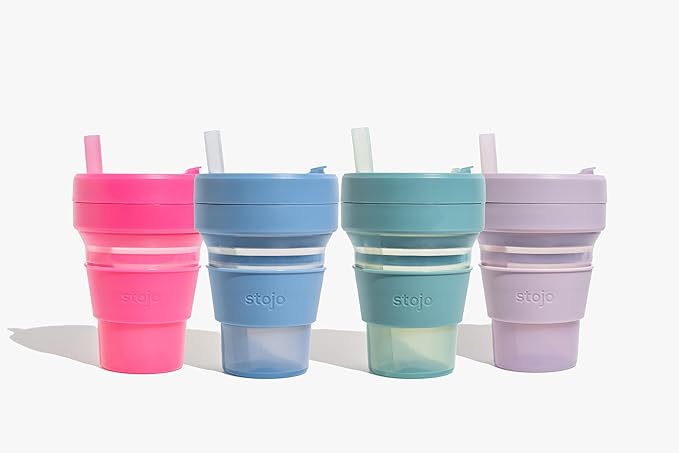 STOJO Collapsible Travel Cup - Reusable To-Go Pocket Size Silicone Bottle for Hot and Cold Drinks - Perfect for Camping - Microwave & Dishwasher Safe (Translucent Eucalyptus, 16, ounces)