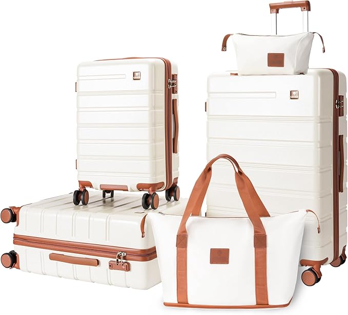 Luggage Sets 5 Piece Polycarbonate Hard Shell Suitcases Airline Approved, Lightweight Luggage with Spinner Sheels TSA Lock, YKK Zippers, Suitable for Family Beige(20/24/28/DB/TB)
