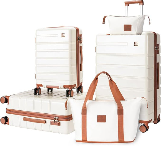 Luggage Sets 5 Piece Polycarbonate Hard Shell Suitcases Airline Approved, Lightweight Luggage with Spinner Sheels TSA Lock, YKK Zippers, Suitable for Family Beige(20/24/28/DB/TB)