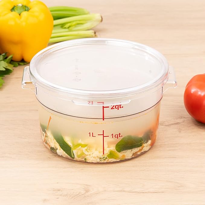 Restaurantware Met Lux 2 Quart Food Storage Containers 10 Round Commercial Storage Containers - Lids Sold Separately With Volume Markers Clear Plastic Food Prep Buckets Space-Saving Storage