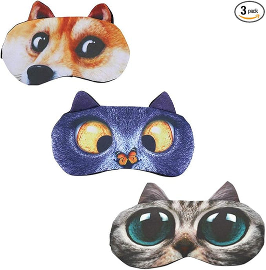 HYCLES Sleep Mask for Kids Sleeping Eye Cover Cute Cartoon Animal Funny 3 Pcs Blindfold Eyeshade for Men Women Plane Travel Game Nap Night Sleeping
