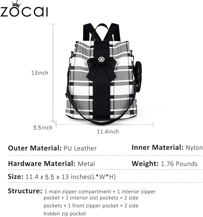 ZOCAI Backpack Purse for Women Fashion Backpack Purses PU Leather Daypacks Anti-Theft Shoulder Bag Satchel Purse