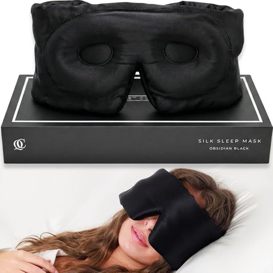 QUIET COVE Plush 3D Contoured Silk Sleep Mask - Total Blackout, 100% Silk 22 Momme, Foam Eye Cups Do Not Crush Eyelashes, Luxe Cloud Filling for Side Sleeping Comfort (Black) with Luxury Gift Box