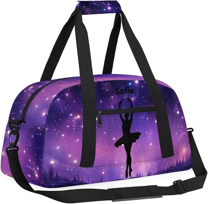 Personalized Boys Gym Bags, Custom Name Sport Bags for Training Travel Overnight Weekender Purple Ballet Silhouette
