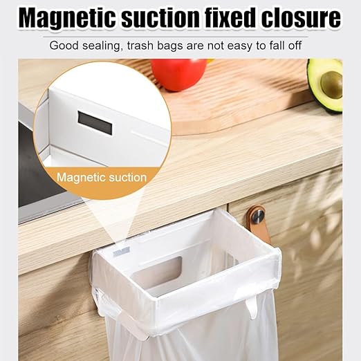 MiOYOOW Foldable Trash Bag Holder, Hanging Waste Garbage Can Rack Magnetic Closure Waste Bag Hanger Racks with Fixing Snap for Kitchen Cabinets Doors