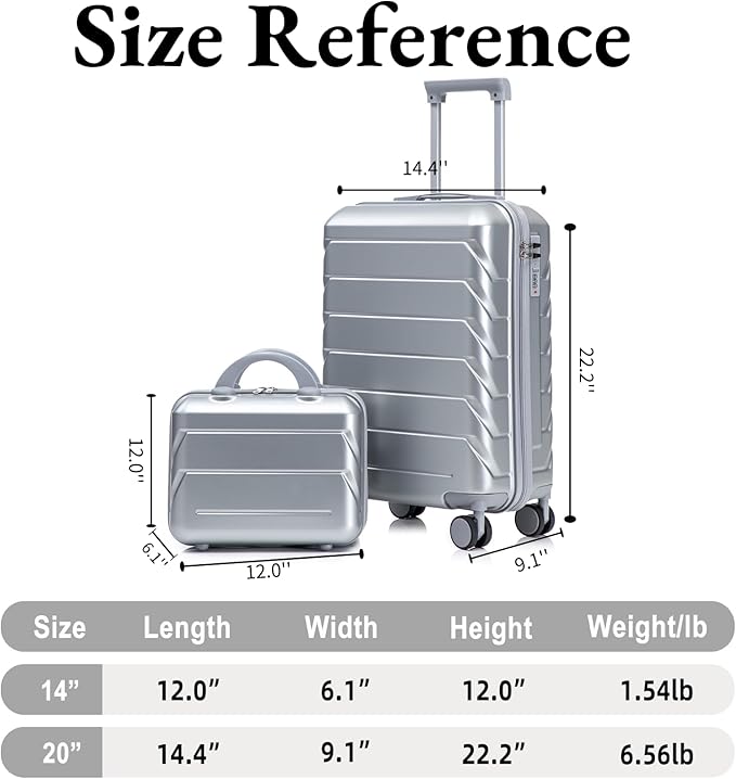 2-Piece ABS Hard Shell Lightweight Carry-On Luggage Set (14" & 20"), 360-Degree Spinner Wheels, Adjustable Telescopic Handle and Combination Lock for Travel, Silver