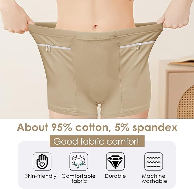 Women's Underwear with Secret Pocket Panties, 2 Packs Anti Pickpocket Travel Boxers (Nude)