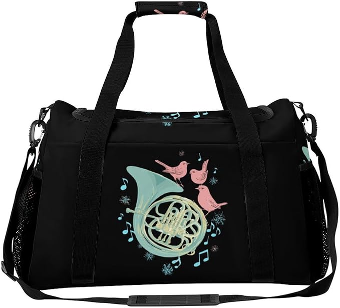 French Horn Music Bird Duffle Bag Gym Bag for Workout Travel Tote with Detachable Straps