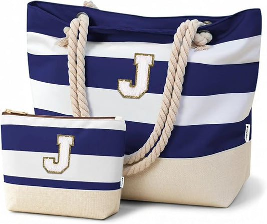 Vavabox Initial Beach Tote Bag for Women, Water-resistant Foldable Travel Beach Bag Set, Birthday Gifts for Women Mom
