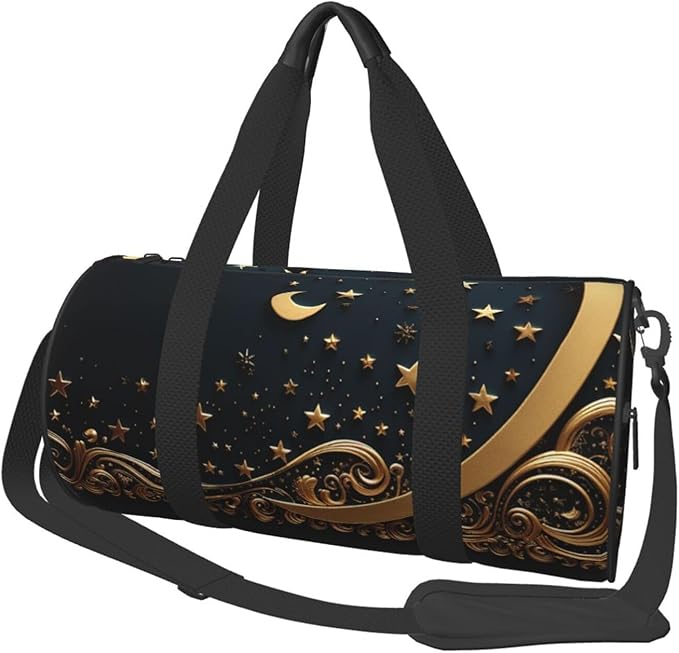 Golden background and crescent moon Sports Gym Bag for Women Men Travel Duffel Bag Tote Weekender Bag Canvas Carry on Overnight Bag for Travel Swimming Fitness Workout Sports Duffle Bag