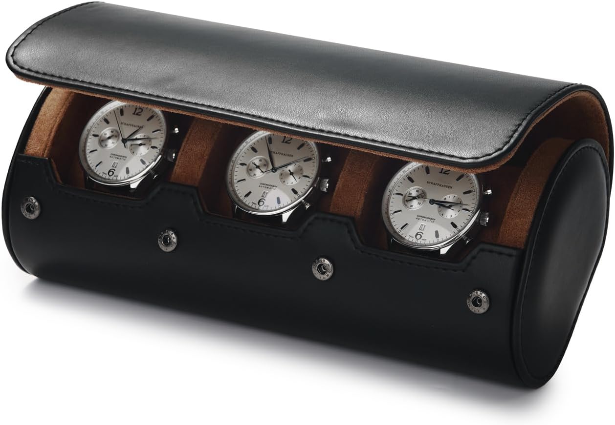 Oirlv Premium Leather Watch Roll Travel Case 3-Slot Watch Box for Men and Women Storage & Organizer Display, Anniversary Birthday（Black）