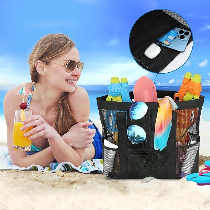 Large Mesh Beach Bag, Beach Tote Bags with 9 Pocket for Family