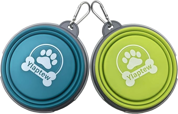Small Collapsible Dog Bowl 12oz,2 Pack Portable and Foldable Pet Travel Bowls with 2 Carabiners & Lids for Dogs Cats and Small Animals (Blue+Green+Grey, 350ml)