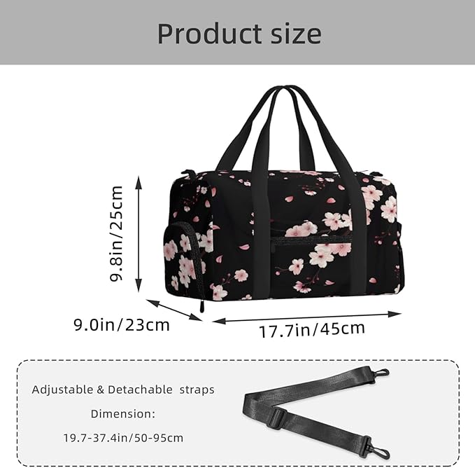 Sports Gym Bag Blossom Pink Cherry Flowers Travel Duffel Bag With Shoe Compartment Shoulder Strap, Lightweight Water-Resistant Weekend Overnight Totes For Women Men