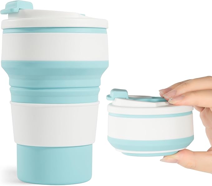 12oz Collapsible Cup for Traveling, Collapsible Silicone Travel Cup for Hot and Cold Drinks, Leak Proof Silicone Folding Travel Coffee Mug for Camping & Hiking, BPA Free Blue