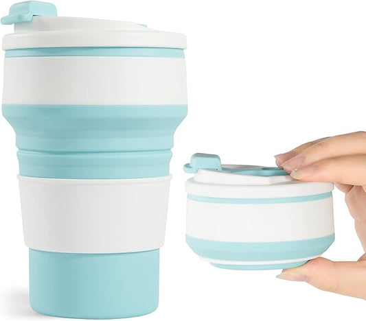 12oz Collapsible Cup for Traveling, Collapsible Silicone Travel Cup for Hot and Cold Drinks, Leak Proof Silicone Folding Travel Coffee Mug for Camping & Hiking, BPA Free Blue