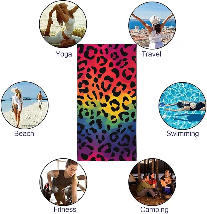 Rainbow Leopard Print Beach Towel, 36"x72" Sand Free Quick Dry Thin Lightweight Microfiber Towel Gifts for Travel