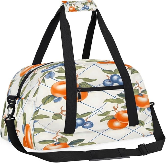 Travel Duffle Bag, Orange Fruit Blue Check Waterproof Weekender Overnight Bags for Women Men Lightweight Carry on Duffle Gym Bag for Travel, Sports, Fitness, Workout