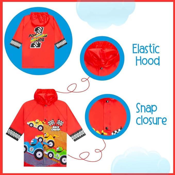 Puddle Play Kids Waterproof Hooded Rain Slicker – Lightweight Outwear Jacket in Fun Designs, Sizes 2-9 Years