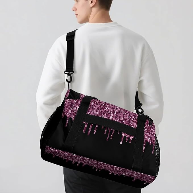 Duffle Bag, Personalized Name Bling Sequin Glitter Print Black Travel Bag, Lightweight Gym Training Sports Bags Custom Unisex Gifts for Men Women