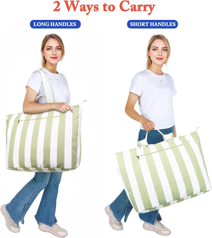 Large Canvas Beach Bag for Women, Beach Bags Waterproof Sandproof with Zipper & Wet Bag Cruise Essentials