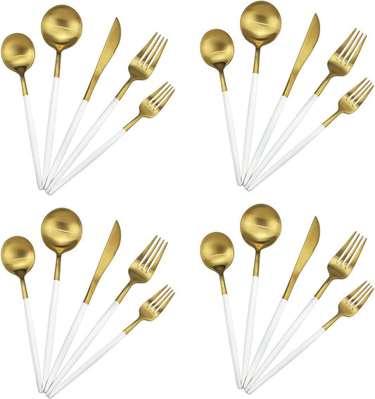Gugrida 20-Piece 18/10 Stainless Steel Flatware Silverware, Luxury Dinnerware Set Travel Cutlery Tableware Include Knife Fork Spoon Service for 4, Dishwasher Safe (White Handle Matte Gold)