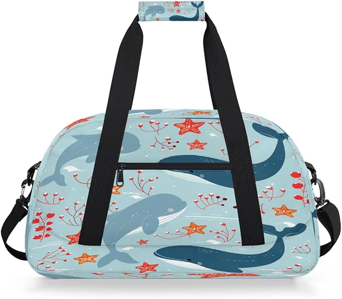 Gym Bag for Women Men, Cute Whale Ocean Pattern Travel Duffle Bags for Dance Ballet Overnight, Carry-On Weekender Bag with Detachable Shoulder Strap