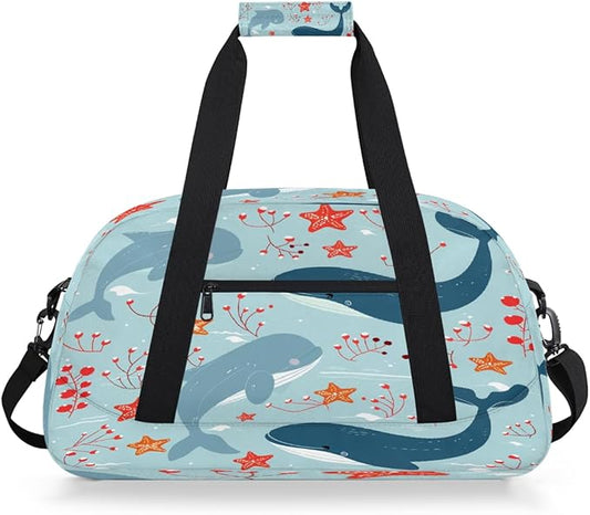 Gym Bag for Women Men, Cute Whale Ocean Pattern Travel Duffle Bags for Dance Ballet Overnight, Carry-On Weekender Bag with Detachable Shoulder Strap