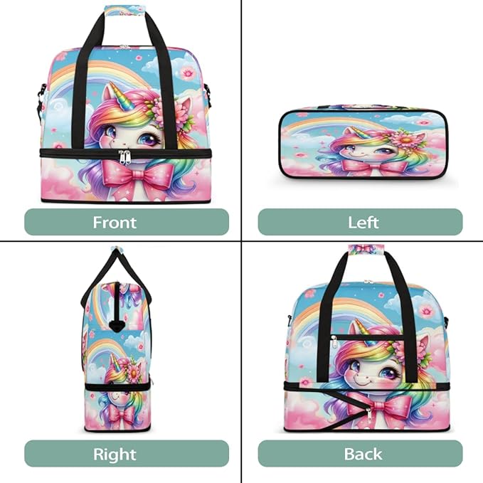 Rainbow Cute Animal Unicorn Large Weekender Bag with Shoe Compartment Travel Duffel Bags for Women Carry On Hospital Overnight Bag Foldable Personal Item Travel Bags Tote Gym Sports Airplanes