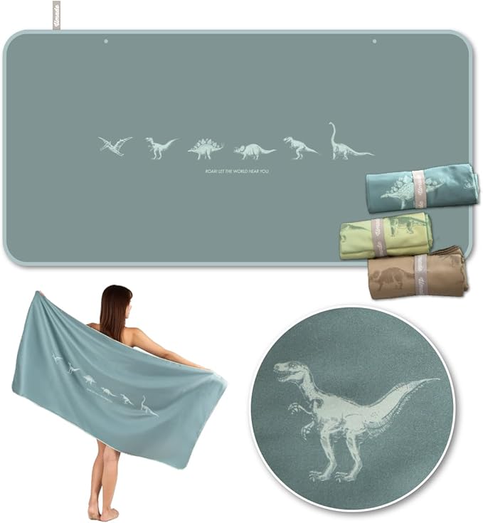 Umade Microfiber Quick Dry Towel, 59" x 29.5" - Compact Lightweight Travel/Backpack/Camping/Yoga Towels with Hanging Loop & Elastic Strap, Dinosaur Design (Mossy Green)