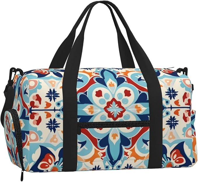 Sports Gym Bag Ethnic Ceramic Tile Mandala Patchwork Travel Duffel Bag With Shoe Compartment Shoulder Strap, Lightweight Water-Resistant Weekend Overnight Totes For Women Men