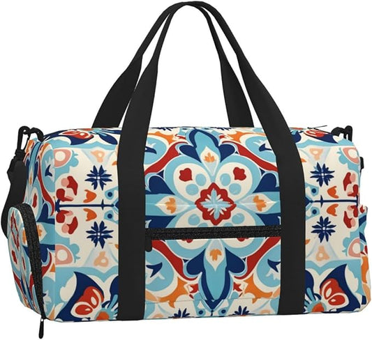 Sports Gym Bag Ethnic Ceramic Tile Mandala Patchwork Travel Duffel Bag With Shoe Compartment Shoulder Strap, Lightweight Water-Resistant Weekend Overnight Totes For Women Men