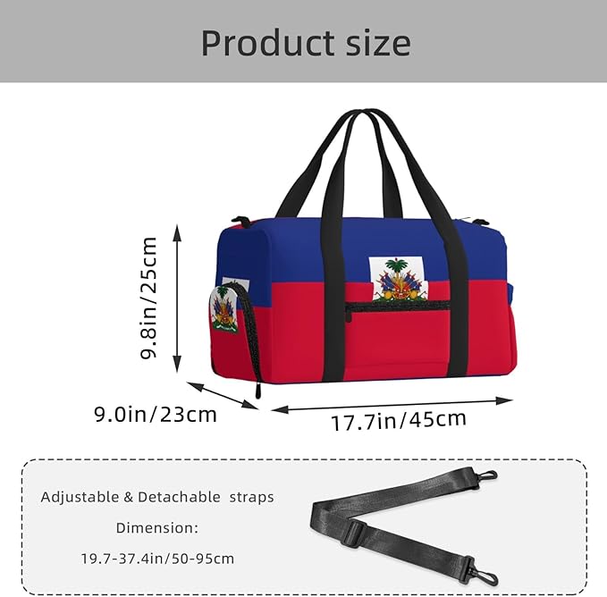 Haitian flag Print Gym Bag with Shoe Compartment for Women Men, 17.7in Sports Duffle Weekender Tote, Overnight Travel Duffel Bag Carry On