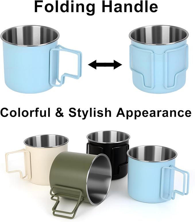 4 Pack Stainless Steel Camping Cups with Foldable Handle, 14.8oz Portable Cups for Coffee & Travel, Dishwasher Safe - Perfect for Picnic, Hiking, Office (4 Colors)