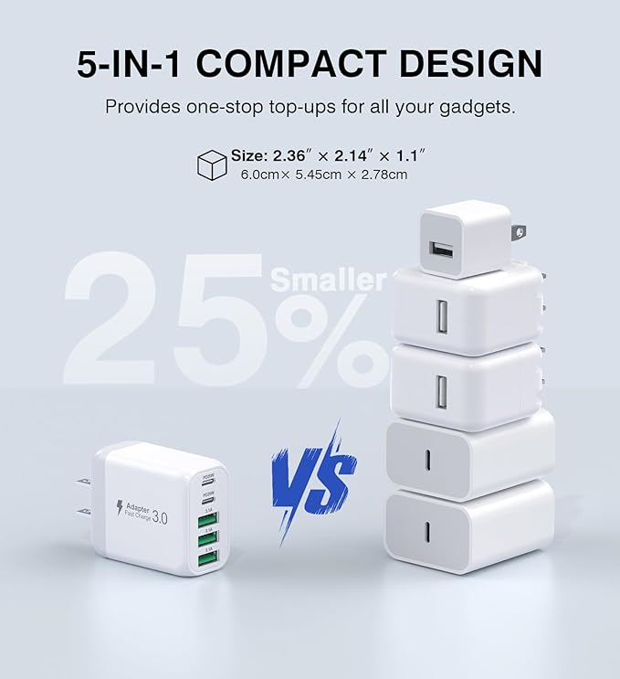USB C Wall Charger Block, 2Pack 50W 5-Port C Charger Fast Charging Block PD Power Adapter +QC 3.0 Multiport Type C Box Brick Cube USB A Wall Plug for iPhone 15/16/17 Pro Max Plus, iPad,Samsung Galaxy