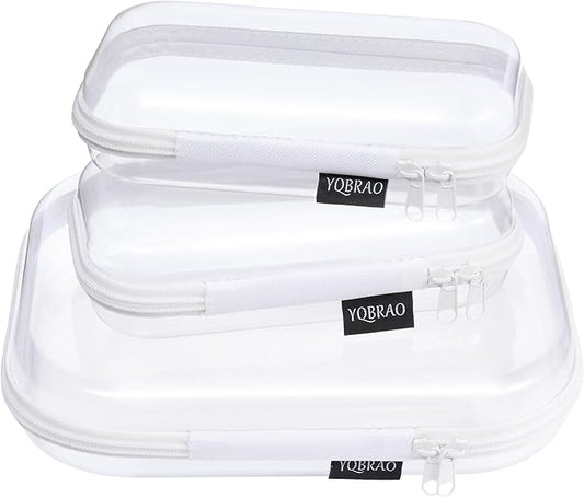 3 Pack Clear Hard Shell Zipper Case - Clear Waterproof Cosmetic Bag with Zipper, Kid's Toy Storage Organizer Bins, Charging Cables, creative journaling, painting brushes, Threads,Sketch Supplies