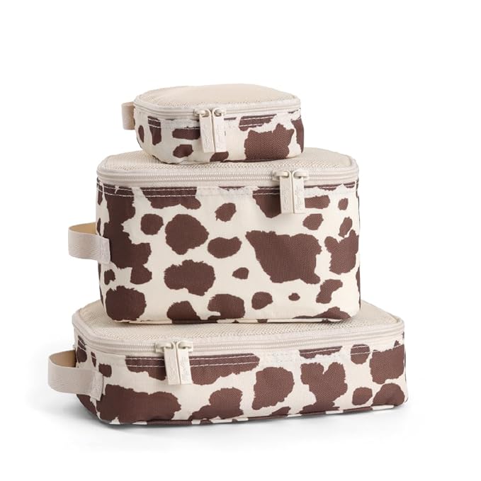 Itzy Ritzy Packing Cubes for Travel Set of 3 Packing Organizers – Each Travel Cube Features a Mesh Top, Double Zippers and a Fabric Handle (Cow Print)