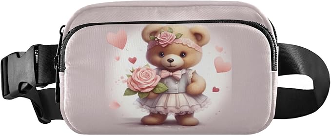 Valentine Teddy Bear Flowers Bow Fanny Pack for Women Men Water Resistant Fashion Waist Packs with Adjustable Strap Belt Bag for Travel Workout Jogging Hiking 21218083
