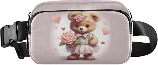 Valentine Teddy Bear Flowers Bow Fanny Pack for Women Men Water Resistant Fashion Waist Packs with Adjustable Strap Belt Bag for Travel Workout Jogging Hiking 21218083