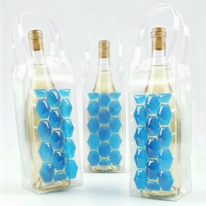 3-Pack Freezable Wine Cooler Bags with Built-in Gel Ice Packs - Portable Hexagon Wine Chiller Sleeve - Reusable Clear Folding Carrier Tote for Champagne, Beer, Picnic & Travel (orange）
