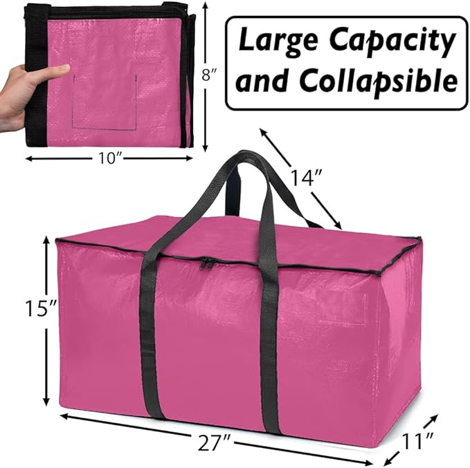ClearSpace Heavy Duty Moving Bags or Storage Bags – Pink Storage Bins with Lids, Large Moving Boxes with Backpack Straps & Zippers,– Packing Box & Moving Supplies for College Dorm, 8 Pack