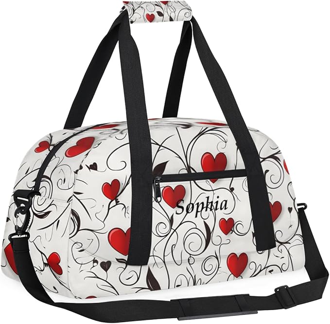 Personalized Girl Gym Bags, Custom Name Sport Bags for Training Travel Overnight Weekender，Red White Heart